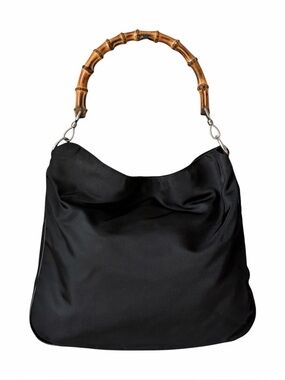 Gucci Bamboo Handle Black Nylon Hobo Shoulder Bag Top Handle Silver Hardware